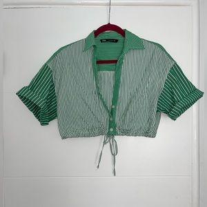 Green & White Striped Button-down Crop Top from Zara